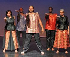 Image: Senegal Redux (from left: Carol Penn, Mervin Primeaux, Fred Beam, Ronnie Bradley, and Marcia Freeman) performs “The Human Heart.”