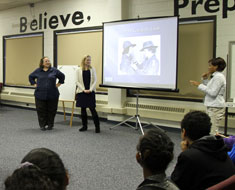 Image: The Girls Scouts of America are celebrating the founding of their organization 100 years ago. Author and Girl Scout troop leader Shannon Henry Kleiber met with grade 6-8 students at the Kendall Demonstration Elementary School on November 13 to chat about her new book, On My Honor, which is about Juliette Gordon Low, who founded the Girl Scout movement and lived her entire adult life as a deaf woman.