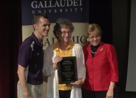 Sherry Duhon receiving her Academic Bowl Hall of Fame award from President Cordano in 2016