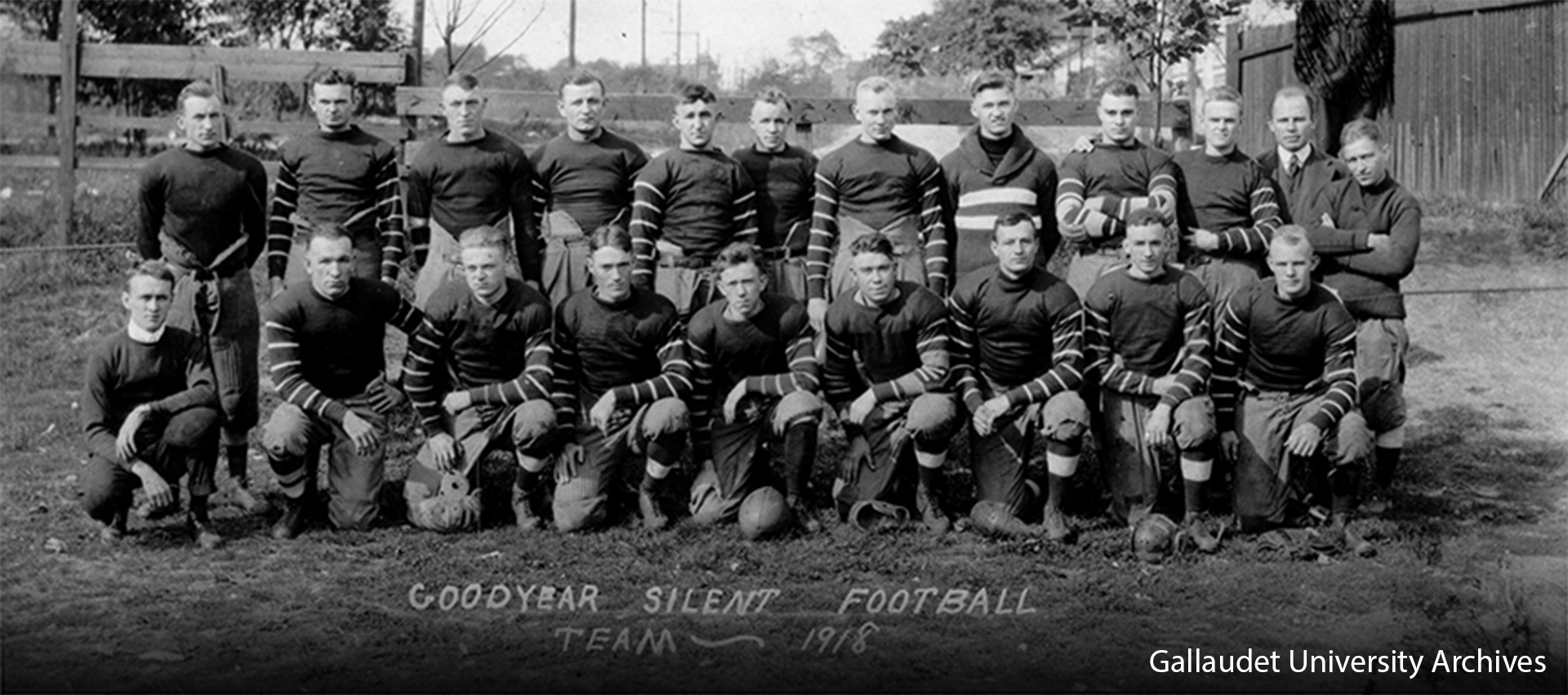 Two rows of Goodyear Silent Football Team posed for a photo in 1918.