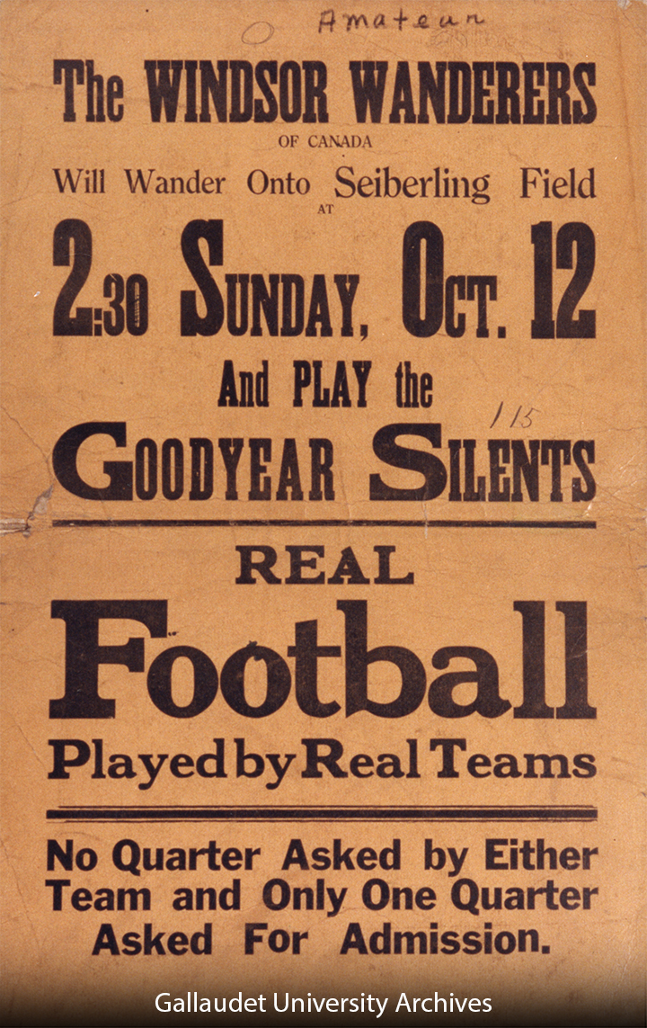 The flyer said that The windsor wanderers will wander onto at seiberling field 2:30 Sunday, Oct. 12 and Play the Good year Silents/ real football played by real teams/ No Quarter Asked by Either Team and Only on e Quarter asked for Admission.