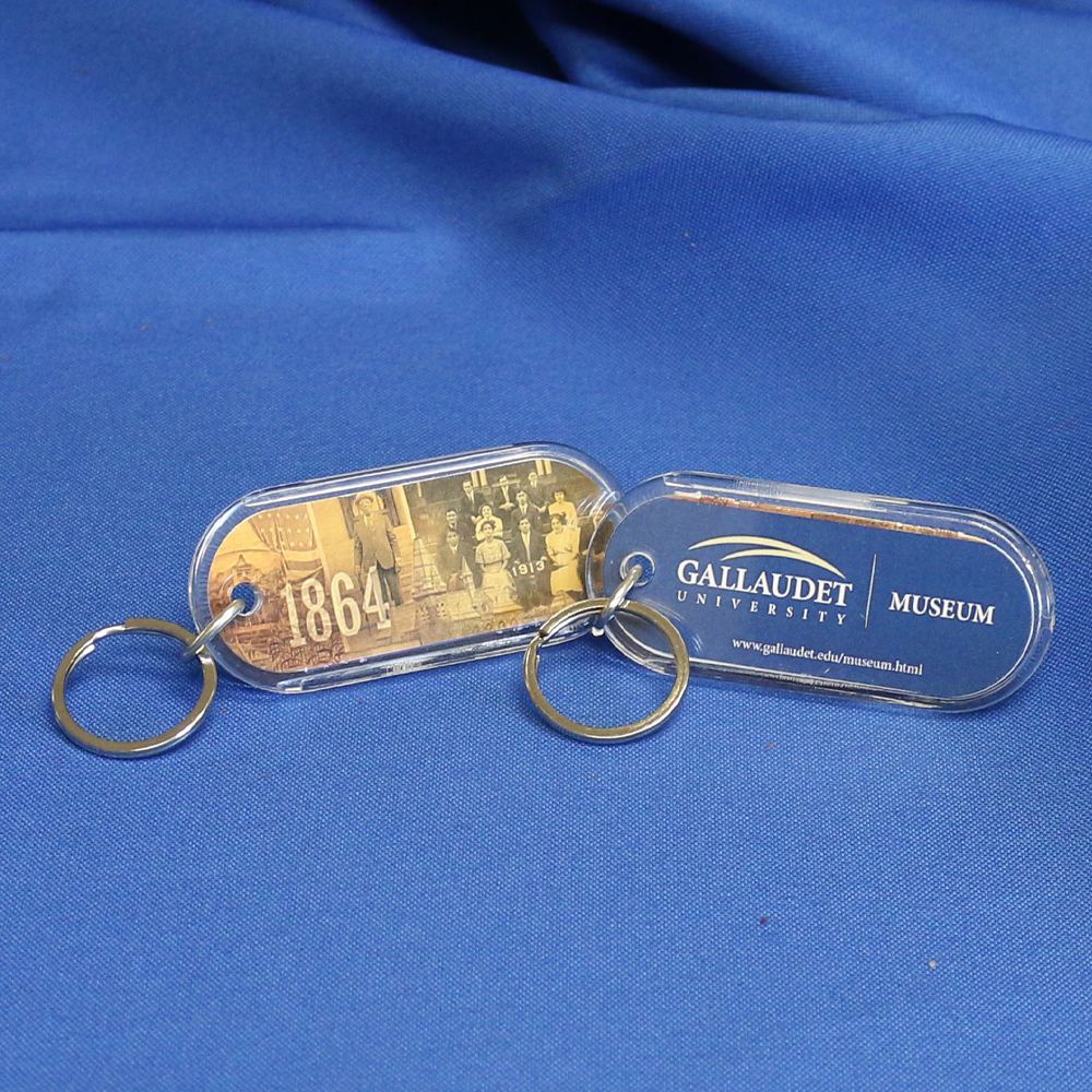 Gallaudet Museum keychains (two keychains showing front with collage of photos with year 1864 on it and back with Museum logo with blue background).